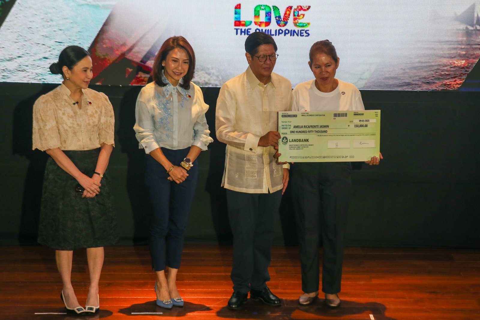 President Ferdinand Marcos Jr., Tourism Secretary Ma. Esperanza Christina Garcia-Frasco, and Trade Secretary Ma. Christina Roque lead the awarding of loans to tourism micro, small, and medium enterprises (MSMEs) during the Turismo Asenso Loan Program ceremony in Pasay City on 01 September 2025. The program, a joint initiative of the Department of Tourism and the Department of Trade and Industry, provides MSMEs with low-interest financing to expand operations, improve services, and promote sustainable growth.