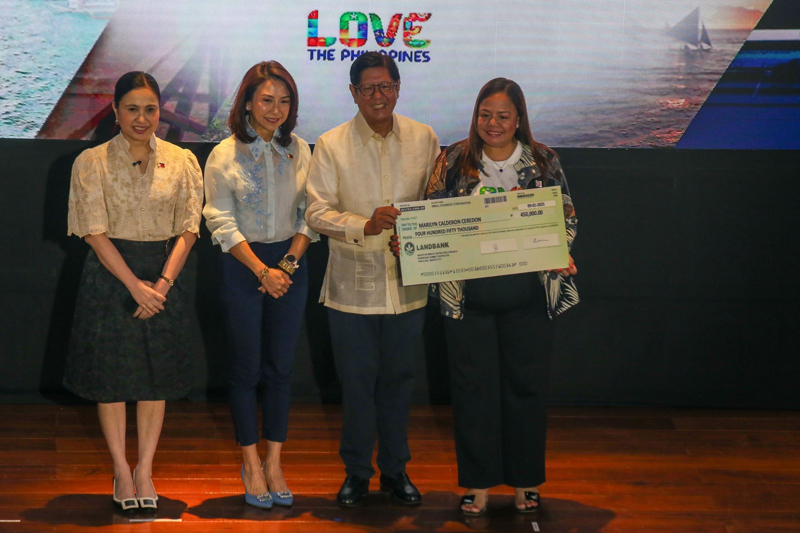 President Ferdinand Marcos Jr., Tourism Secretary Ma. Esperanza Christina Garcia-Frasco, and Trade Secretary Ma. Christina Roque lead the awarding of loans to tourism micro, small, and medium enterprises (MSMEs) during the Turismo Asenso Loan Program ceremony in Pasay City on 01 September 2025. The program, a joint initiative of the Department of Tourism and the Department of Trade and Industry, provides MSMEs with low-interest financing to expand operations, improve services, and promote sustainable growth.