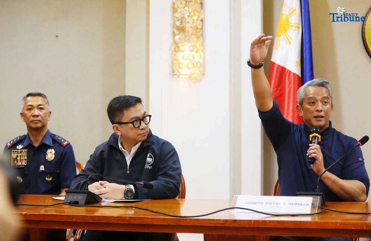 Interior Secretary Jonvic Remulla, PNP Chief Jose Melencio Nartatez, and NAPOLCOM Vice Chair Rafael Vicente Calinisan hold a press conference at the Quezon City Reception House on Monday, September 1, 2025, to address the circulation of fake signed documents online linking an alleged P8-billion congressional insertion to the PNP weapons procurement budget.