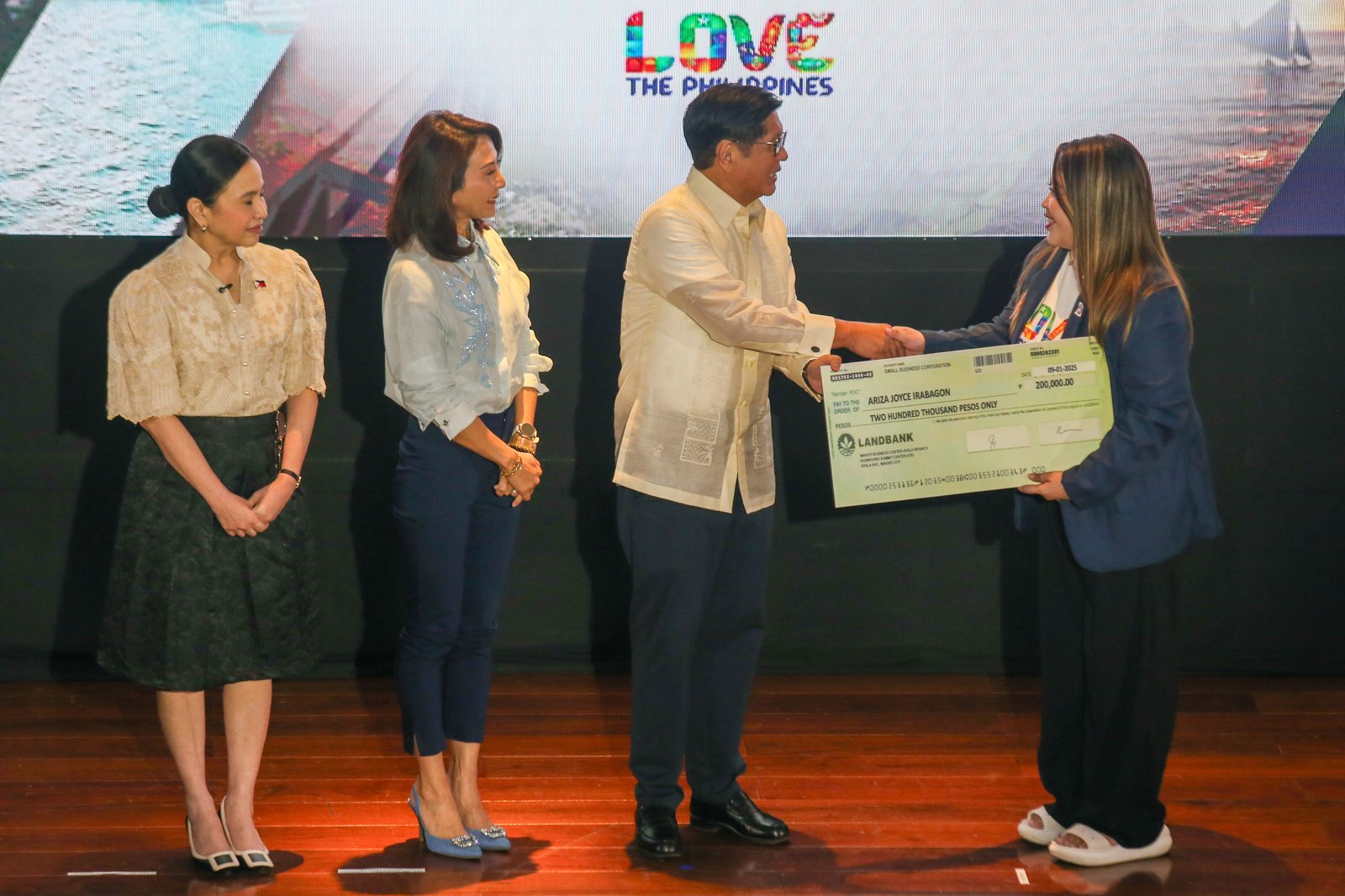 President Ferdinand Marcos Jr., Tourism Secretary Ma. Esperanza Christina Garcia-Frasco, and Trade Secretary Ma. Christina Roque lead the awarding of loans to tourism micro, small, and medium enterprises (MSMEs) during the Turismo Asenso Loan Program ceremony in Pasay City on 01 September 2025. The program, a joint initiative of the Department of Tourism and the Department of Trade and Industry, provides MSMEs with low-interest financing to expand operations, improve services, and promote sustainable growth.
