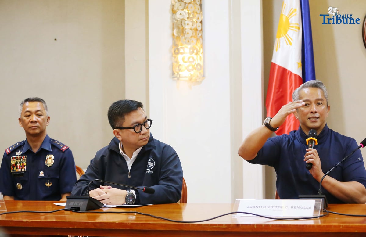Interior Secretary Jonvic Remulla, PNP Chief Jose Melencio Nartatez, and NAPOLCOM Vice Chair Rafael Vicente Calinisan hold a press conference at the Quezon City Reception House on Monday, September 1, 2025, to address the circulation of fake signed documents online linking an alleged P8-billion congressional insertion to the PNP weapons procurement budget.