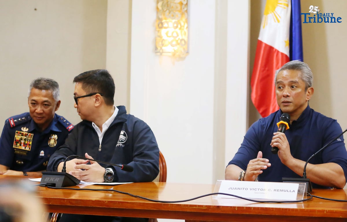 Interior Secretary Jonvic Remulla, PNP Chief Jose Melencio Nartatez, and NAPOLCOM Vice Chair Rafael Vicente Calinisan hold a press conference at the Quezon City Reception House on Monday, September 1, 2025, to address the circulation of fake signed documents online linking an alleged P8-billion congressional insertion to the PNP weapons procurement budget.