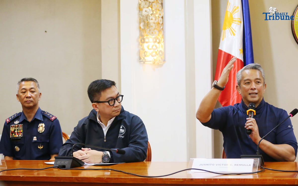 Interior Secretary Jonvic Remulla, PNP Chief Jose Melencio Nartatez, and NAPOLCOM Vice Chair Rafael Vicente Calinisan hold a press conference at the Quezon City Reception House on Monday, September 1, 2025, to address the circulation of fake signed documents online linking an alleged P8-billion congressional insertion to the PNP weapons procurement budget.