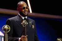 CARMELO Anthony smiles during the 2025 Basketball Hall of Fame Enshrinement Ceremony at Symphony Hall in Springfield, Massachusets.