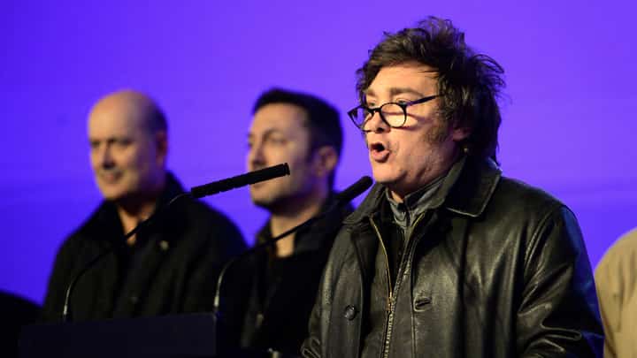 Argentina's President Javier Milei speaks after the provincial midterm elections in La Plata, Buenos Aires province, Argentina on September 7, 2025. Milei vowed to "accelerate" his libertarian reforms after a crushing defeat in Buenos Aires provincial elections, ahead of highly anticipated midterms.