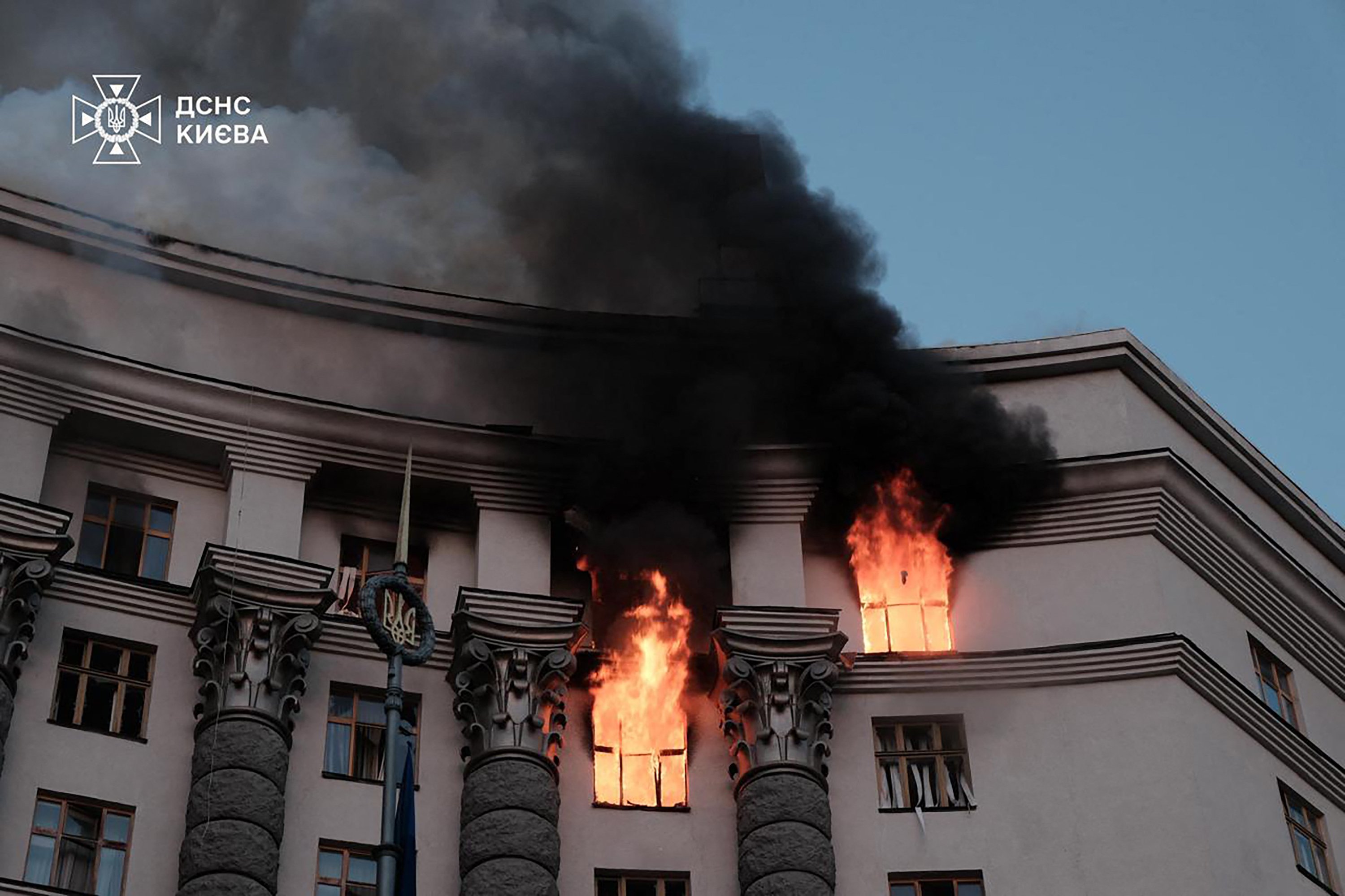 This handout photograph taken and released by Ukrainian State Emergency Service on September 7, 2025, shows a fire at the Ukrainian government building in Kyiv, following an overnight attack, amid the Russian invasion of Ukraine. Russia fired its biggest-ever aerial barrage at Ukraine early on September 7, setting the seat of the Ukrainian government in Kyiv ablaze, authorities said.