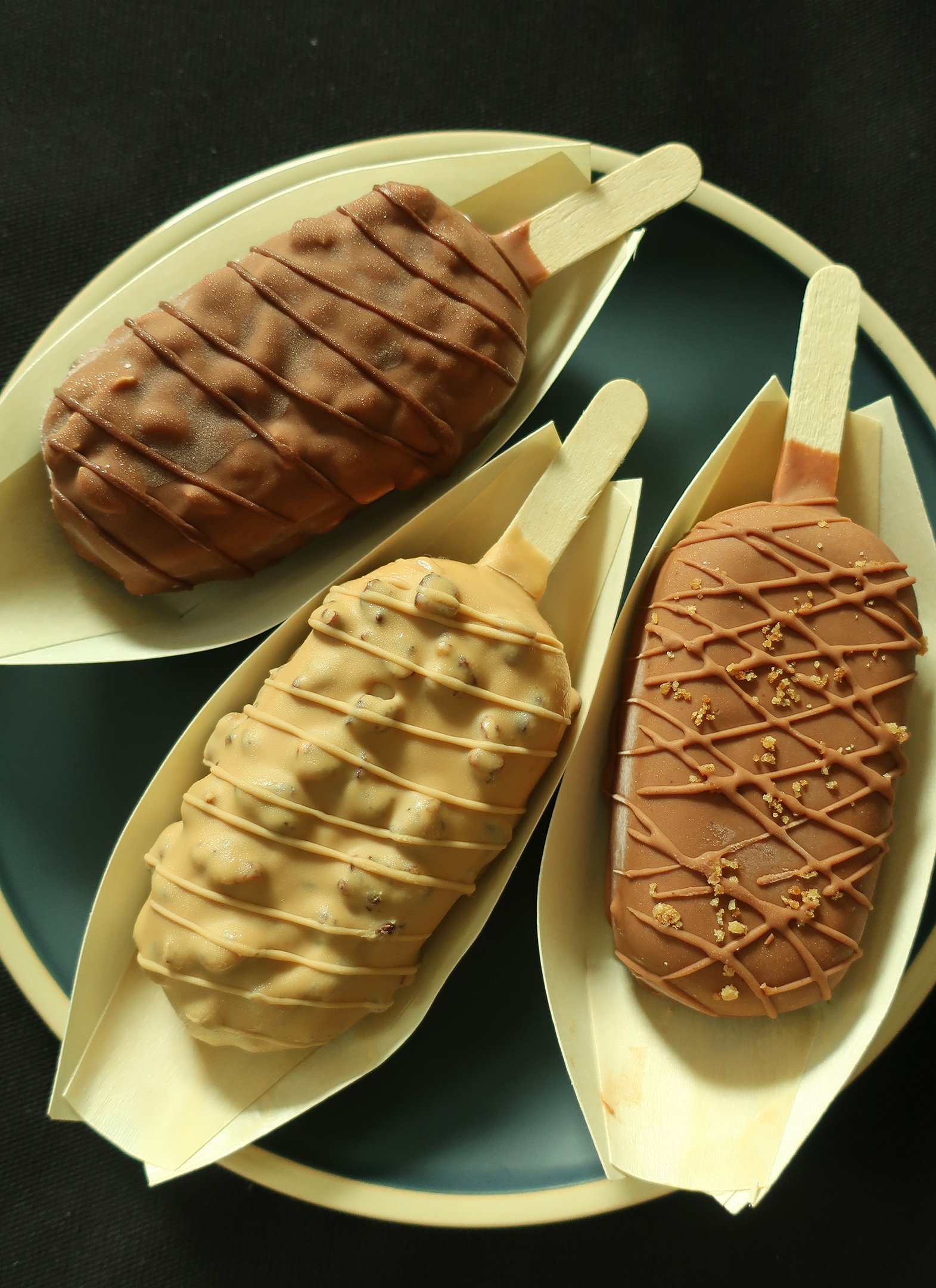 Three new ice cream bar flavors from Sebastian’s, (from left) Hazelnut Heaven, Butter Pecan and Cookie Dough.
