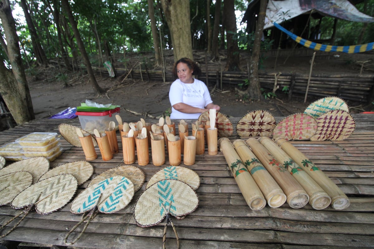 Beautiful items such as fans, utensils, and coin banks are displayed at a table at the entrance of the tree nursery of the Pastolan Village in Subic Bay Freeport on Wednesday. These beautiful crafts made from locally sourced materials were made by Aeta artisans of the Pastolan Village.