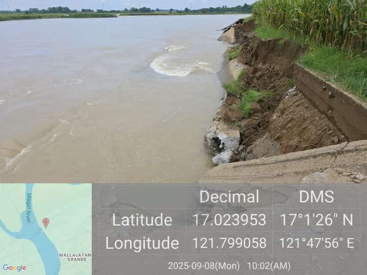 Collapsed flood control wall in Barangay Mallalatang Grande, Reina Mercedes, Isabela.
