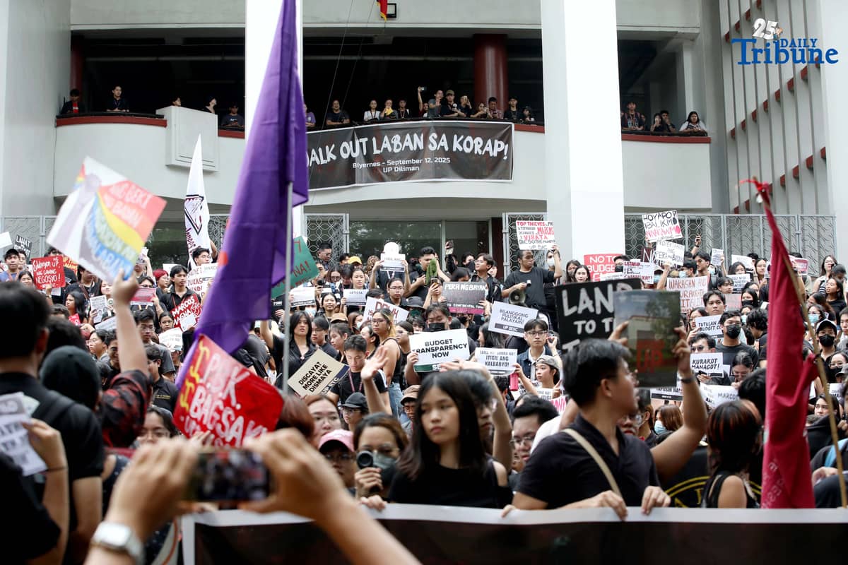 (September 12, 2025) Thousands of college students and youth groups staged a Black Friday walkout at the University of the Philippines Diliman in Quezon City to protest alleged government corruption in infrastructure projects and demand increased funding for higher education amid budget cuts and stalled developments. Photo by Analy Labor.