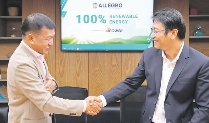 Accelerating renewable energy transition. MPower and Allegro Microsystems Philippines Inc. extend their 12-year partnership to advance the latter’s sustainability goals ahead of schedule. In photo are MPower First Vice President Redel M. Domingo (left) and Allegro Senior Director — Controller Ronald Dela Rosa.