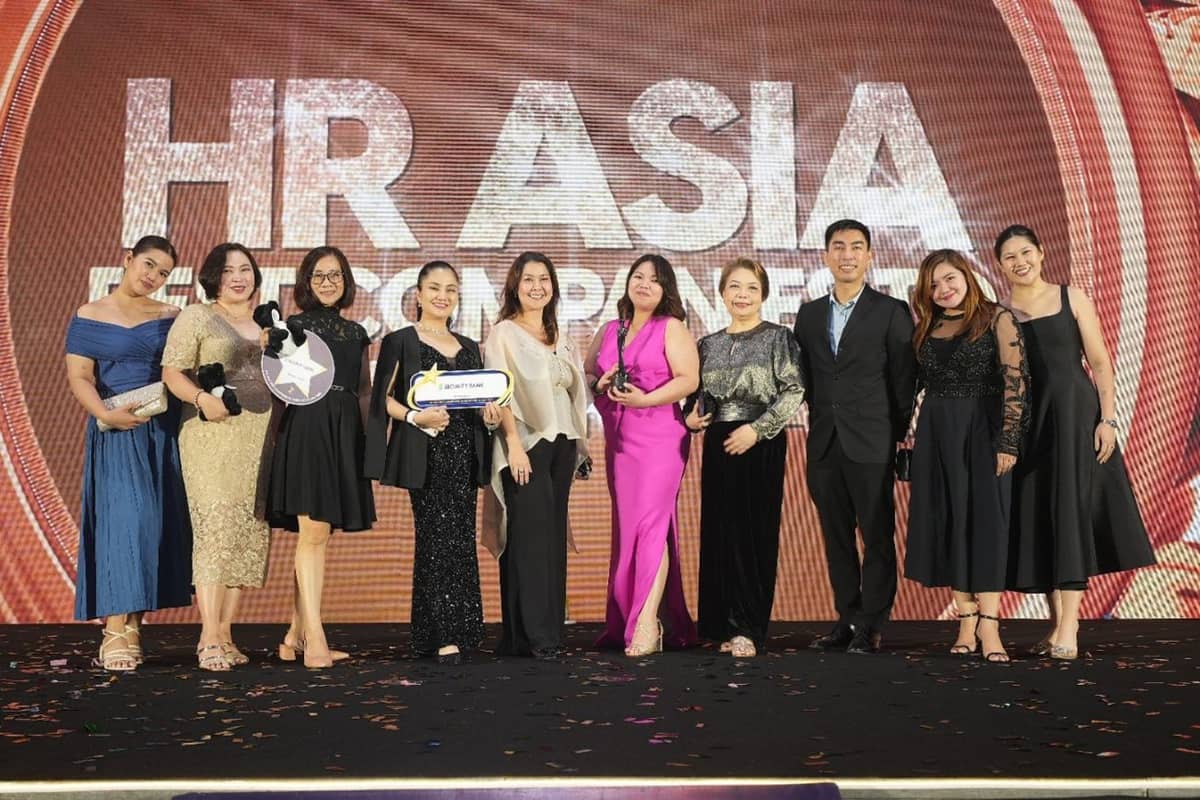 Security Bank’s HCM team accepted the Best Companies to Work for in Asia award from HR Asia on 26 August, 2025. Pictured (L-R): Yanna Lopez, HR Business Advisor; Karen Santos, Wellness Programs Officer; Karen Pasco, VP and Employee Relations, Wellness & Experience Head; Loraine Monares, SAVP and Talent Capability Lead; Nerissa Berba, EVP and Chief People Officer; Megan Fuentes, SM and Wellness Head; Tetel Fernandez, FVP and Talent Management Head; John Christopher Laset, SAVP and Deputy Head; Kat Villegas, HR Business Advisor; and Aina Quiambao, HR Business Partner