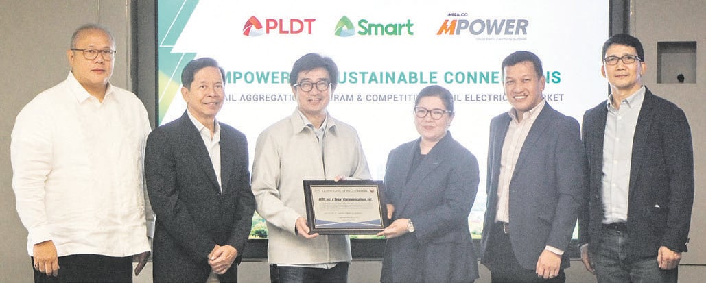 For a smarter and greener network. PLDT Inc. and Smart Communications, Inc. have signed a landmark deal with MPower to transition its cell sites and facilities under the Retail Aggregation Program (RAP). In photo are (from left) Independent Electricity Market Operator of the Philippines President and Chief Executive Officer Richard Nethercott, Smart Chief Operating Officer Anastacio R. Martirez, PLDT Chief Operating Officer Menardo G. Jimenez, Meralco First Vice President and MPower Head Redel M. Domingo, MPower Retail Sales Head Eddie John V. Adug and former ERC Chairperson and Chief Executive Officer Monalisa Dimalanta.