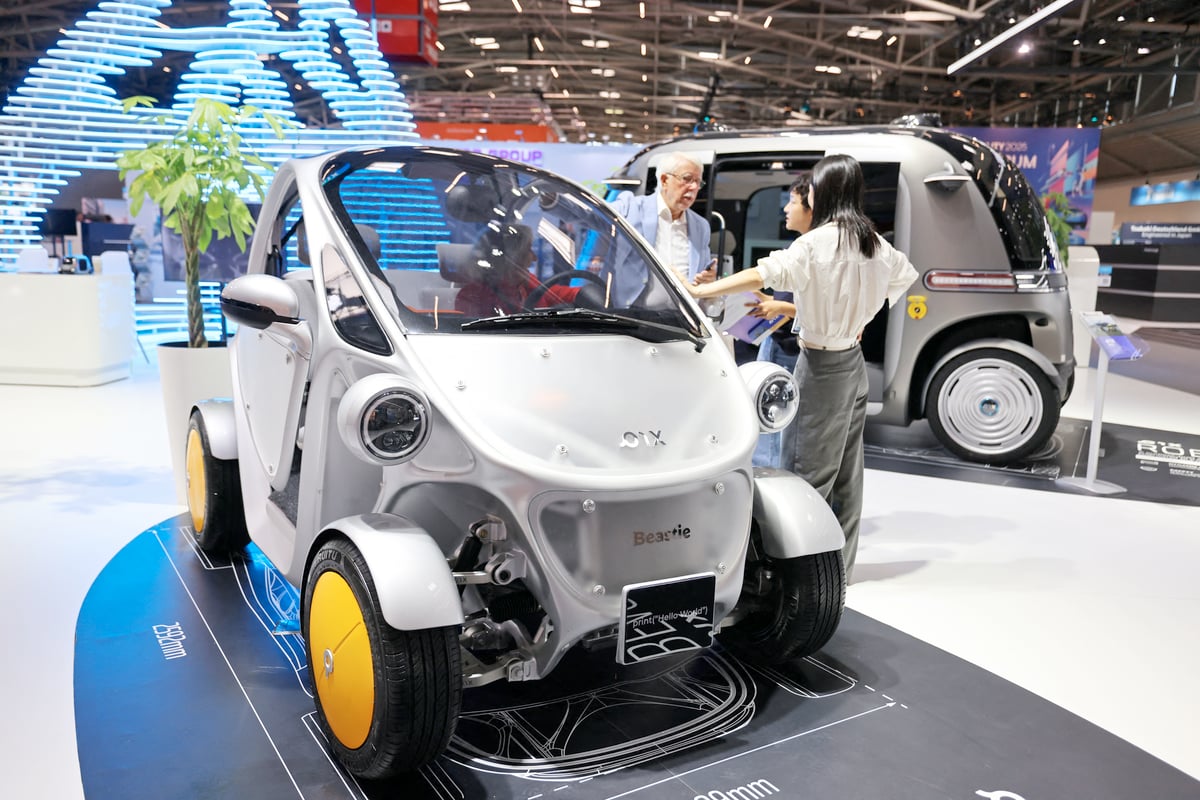 A PIX Beastie mini electric vehicle with a 3D printed unibody chassis is on view at the booth of Chinese smart vehicle tech company PIX Moving.