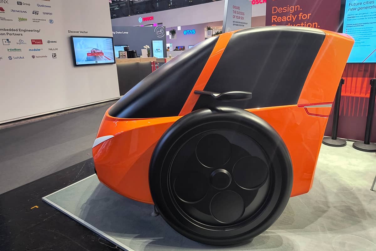 A plastic mock-up of the Wolf etu, a two-wheeled electric concept car that weighs just 450kg and is designed for fun city drives, is pictured at the IAA Mobility International Motor Show.