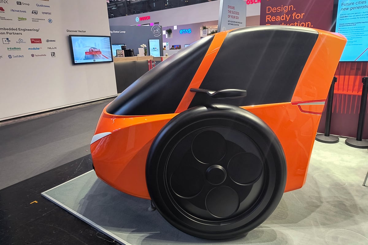 A plastic mock-up of the Wolf etu, a two-wheeled electric concept car that weighs just 450kg and is designed for fun city drives, is pictured at the IAA Mobility International Motor Show.