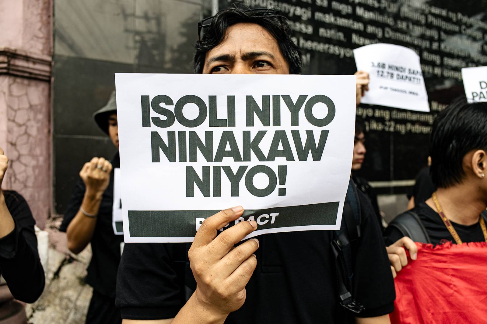 College students from Polytechnic University of the Philippines storm out of their classrooms to protest against the widespread corruption of the flood control projects under the Marcos Jr. administration, in Sta. Mesa, Manila on Monday, 15 September 2025.