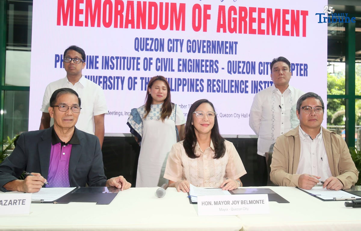 Quezon City Mayor Joy Belmonte, PICE President Engr. Paul Lazarte, and UP Resilience Institute Executive Director Dr. Mahar Lagmay sign a memorandum of agreement between the Quezon City government, the Philippine Institute of Civil Engineers–QC Chapter, and the UP Resilience Institute. The partnership marks their third commitment to science-based planning, resilient infrastructure, and data-driven flood control solutions for the city.