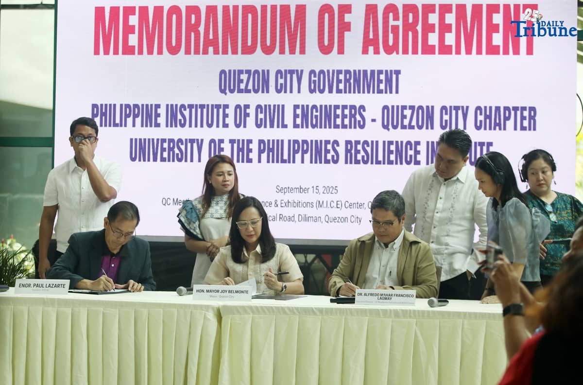 Quezon City Mayor Joy Belmonte, PICE President Engr. Paul Lazarte, and UP Resilience Institute Executive Director Dr. Mahar Lagmay sign a memorandum of agreement between the Quezon City government, the Philippine Institute of Civil Engineers–QC Chapter, and the UP Resilience Institute. The partnership marks their third commitment to science-based planning, resilient infrastructure, and data-driven flood control solutions for the city.