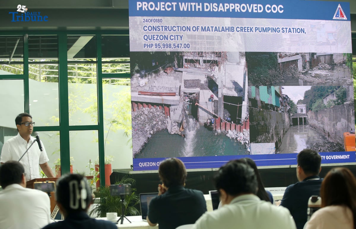 Quezon City Mayor Joy Belmonte holds a press conference at the MICE Center in Quezon City Hall to give updates on DPWH flood-control projects. City Engineer Atty. Dale Perral said their review showed 331 projects — not 254 as earlier counted — were misaligned with the city’s Drainage Master Plan, wasting P17 billion in taxpayers’ money.
