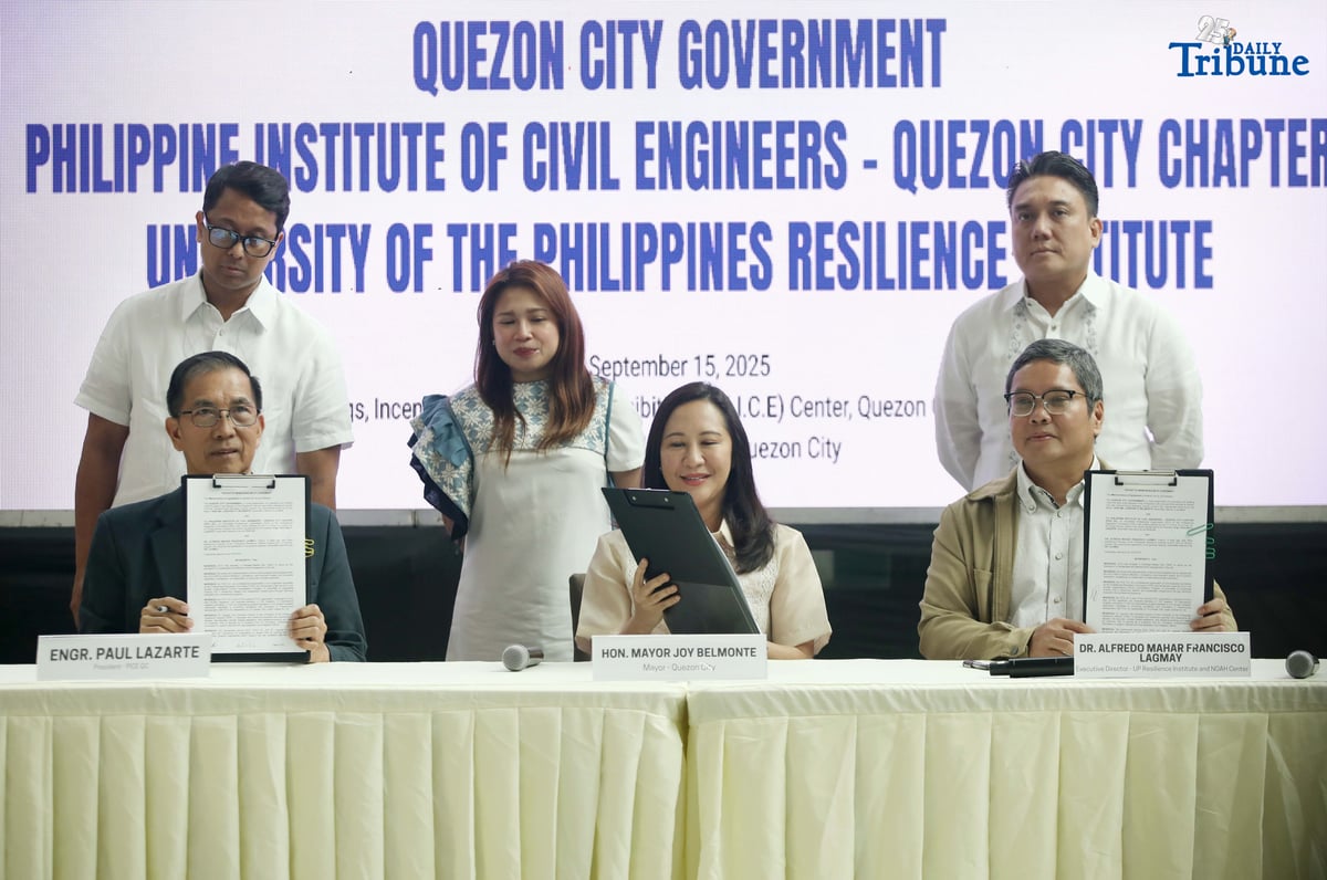 Quezon City Mayor Joy Belmonte, PICE President Engr. Paul Lazarte, and UP Resilience Institute Executive Director Dr. Mahar Lagmay sign a memorandum of agreement between the Quezon City government, the Philippine Institute of Civil Engineers–QC Chapter, and the UP Resilience Institute. The partnership marks their third commitment to science-based planning, resilient infrastructure, and data-driven flood control solutions for the city.