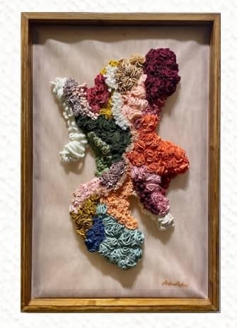 ‘LOST IN TRANSITION,’ textile on handmade, bamboo frame, 36” x 24”, 2025.