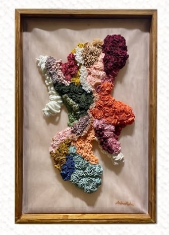 ‘LOST IN TRANSITION,’ textile on handmade, bamboo frame, 36” x 24”, 2025.