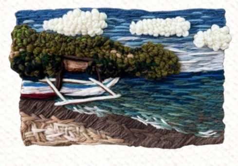 ‘SAIL AWAY WITH ME — Burlap,’ cotton, wool and acrylic yarn, 6.2” x 9.4”.