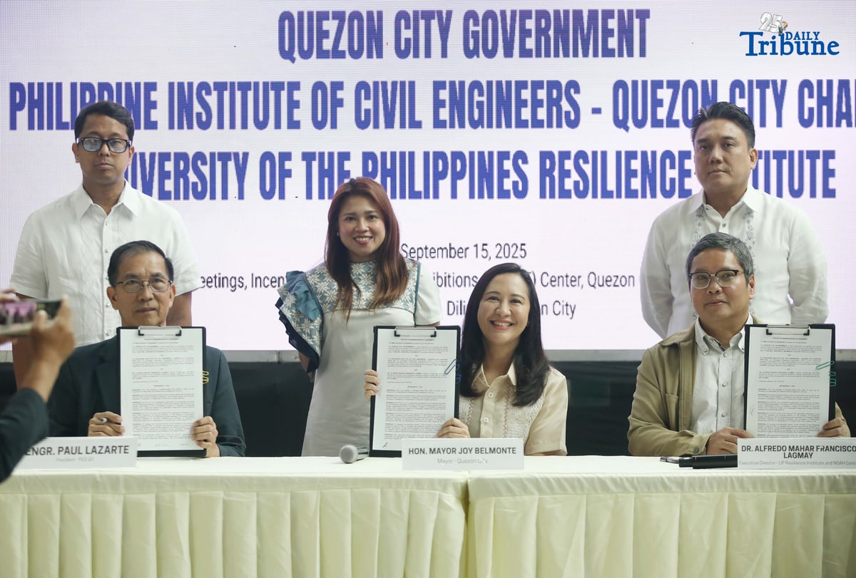 Quezon City Mayor Joy Belmonte, PICE President Engr. Paul Lazarte, and UP Resilience Institute Executive Director Dr. Mahar Lagmay sign a memorandum of agreement between the Quezon City government, the Philippine Institute of Civil Engineers–QC Chapter, and the UP Resilience Institute. The partnership marks their third commitment to science-based planning, resilient infrastructure, and data-driven flood control solutions for the city.