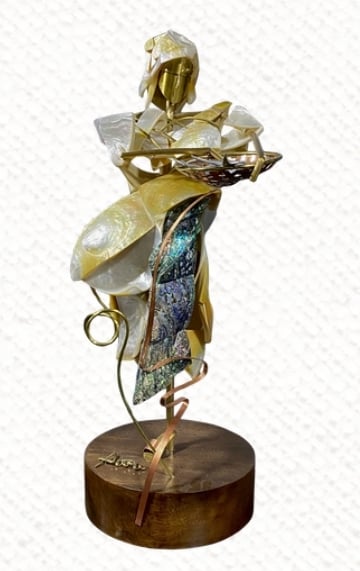 ‘MILAGROS (WITH FISH),’ mother-of-pearl, paua, brass, copper on wood
27”h x 12”Ix 10”w, 2025.