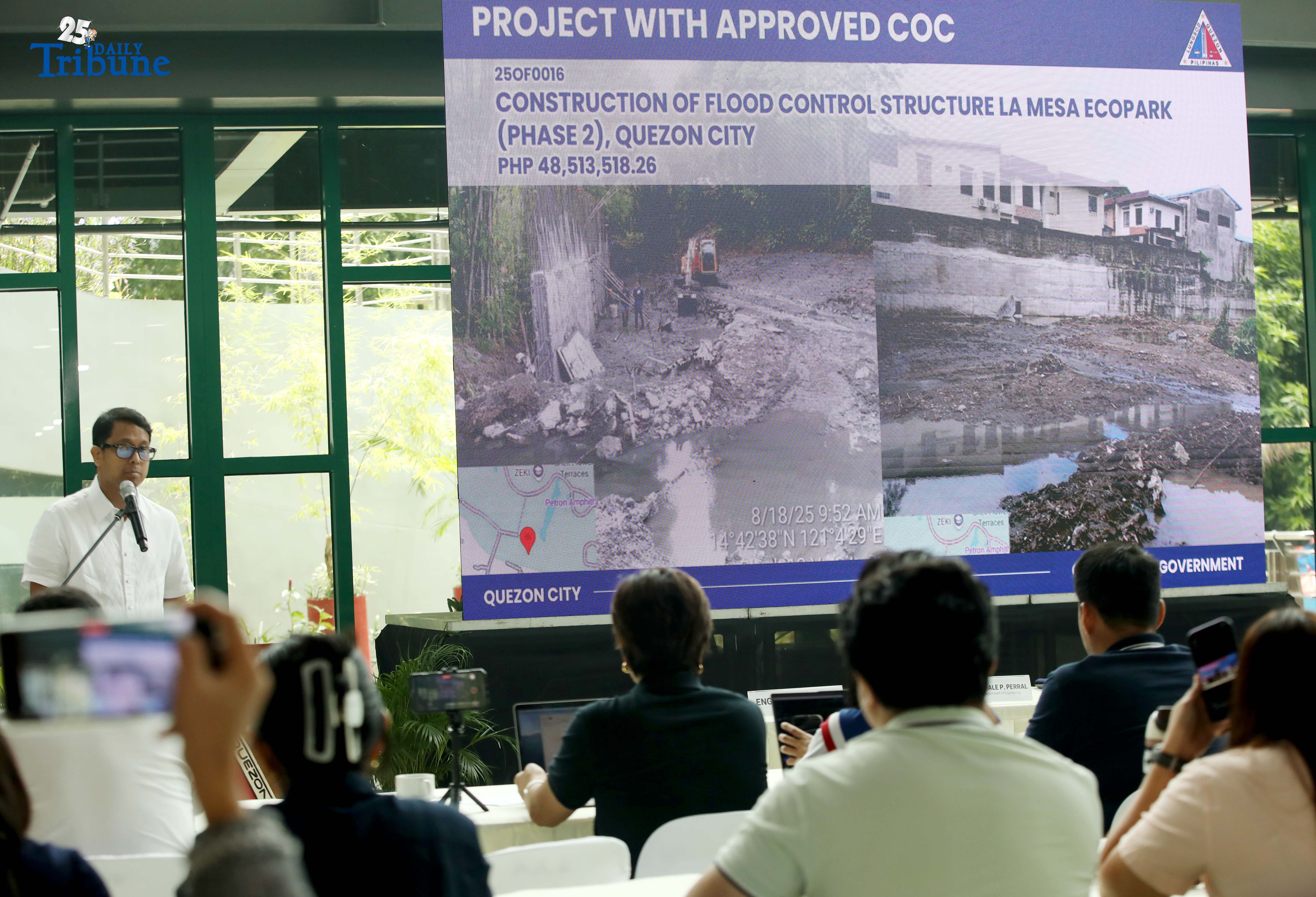 Quezon City Mayor Joy Belmonte holds a press conference at the MICE Center in Quezon City Hall to give updates on DPWH flood-control projects. City Engineer Atty. Dale Perral said their review showed 331 projects — not 254 as earlier counted — were misaligned with the city’s Drainage Master Plan, wasting P17 billion in taxpayers’ money.