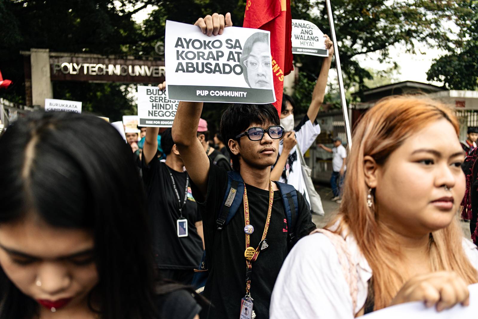 College students from Polytechnic University of the Philippines storm out of their classrooms to protest against the widespread corruption of the flood control projects under the Marcos Jr. administration, in Sta. Mesa, Manila on Monday, 15 September 2025.
