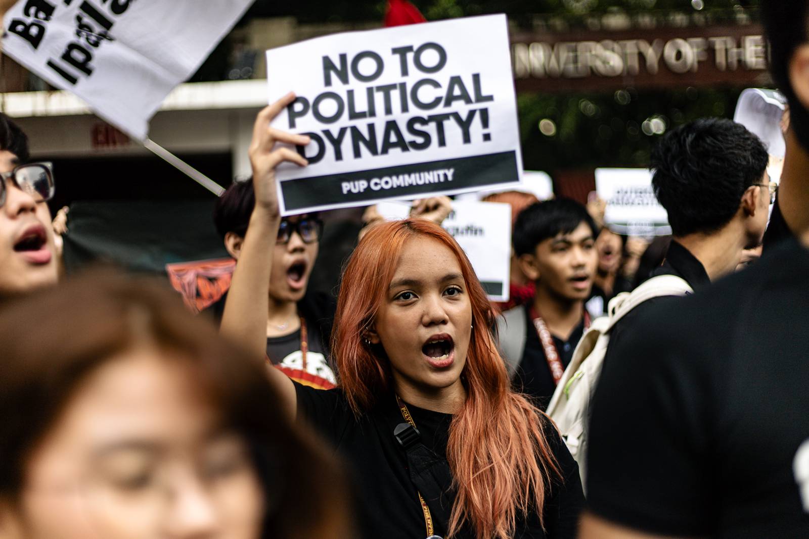College students from Polytechnic University of the Philippines storm out of their classrooms to protest against the widespread corruption of the flood control projects under the Marcos Jr. administration, in Sta. Mesa, Manila on Monday, 15 September 2025.