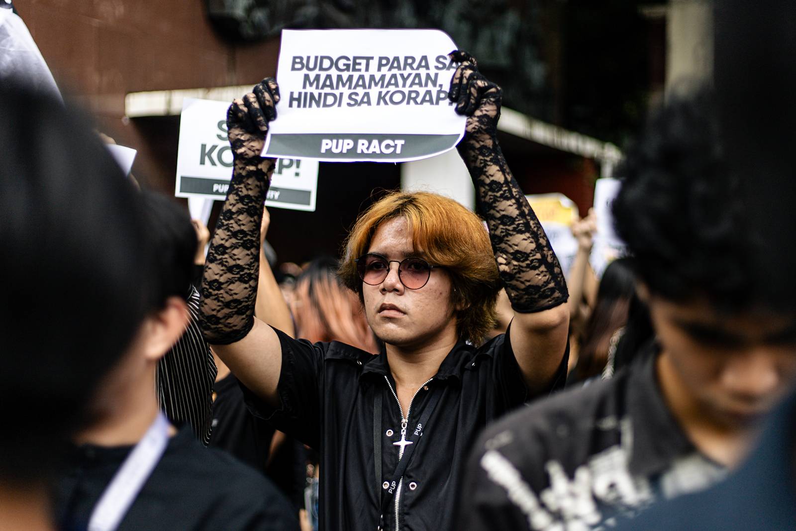 College students from Polytechnic University of the Philippines storm out of their classrooms to protest against the widespread corruption of the flood control projects under the Marcos Jr. administration, in Sta. Mesa, Manila on Monday, 15 September 2025.
