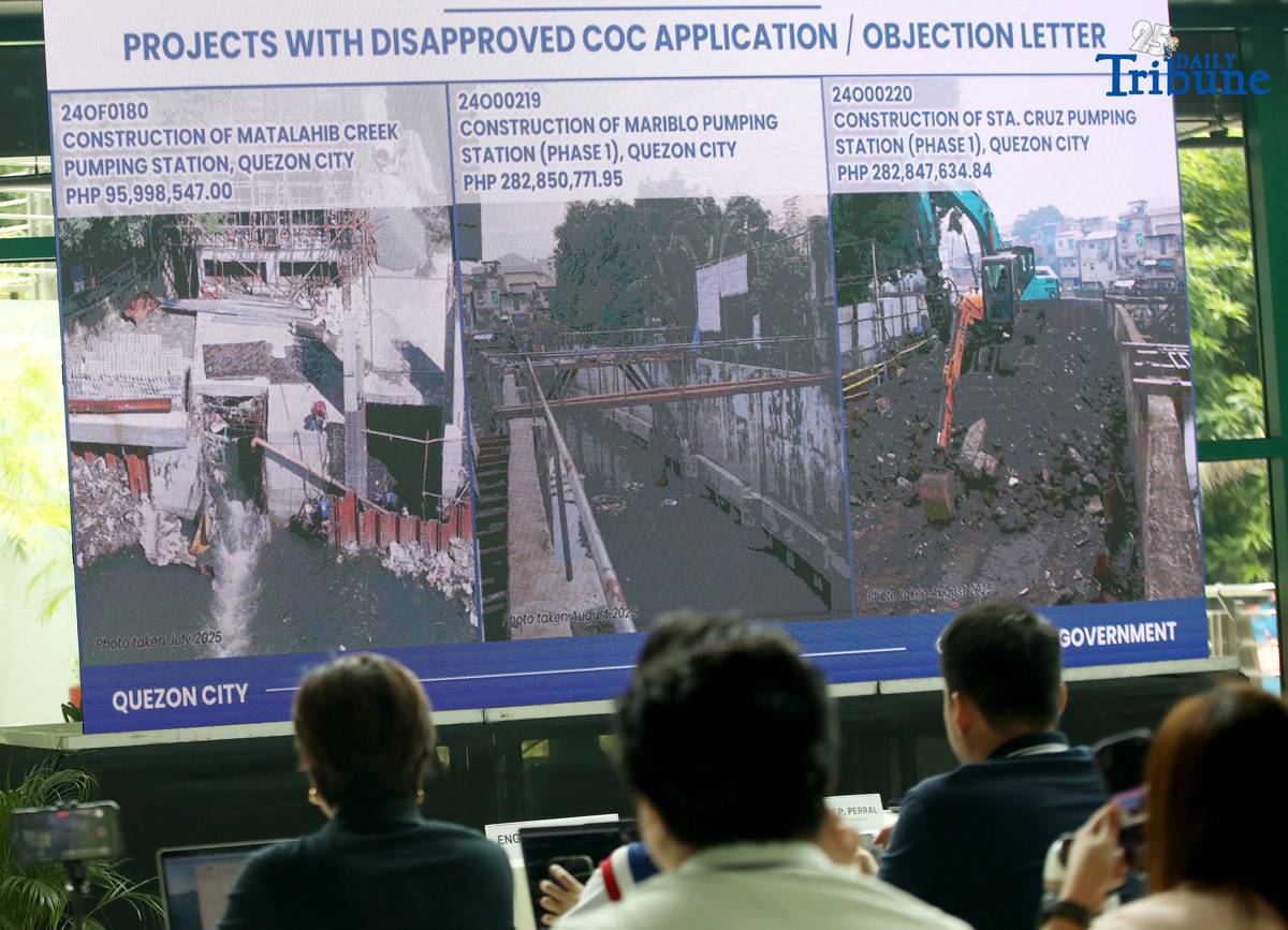 Quezon City Mayor Joy Belmonte holds a press conference at the MICE Center in Quezon City Hall to give updates on DPWH flood-control projects. City Engineer Atty. Dale Perral said their review showed 331 projects — not 254 as earlier counted — were misaligned with the city’s Drainage Master Plan, wasting P17 billion in taxpayers’ money.