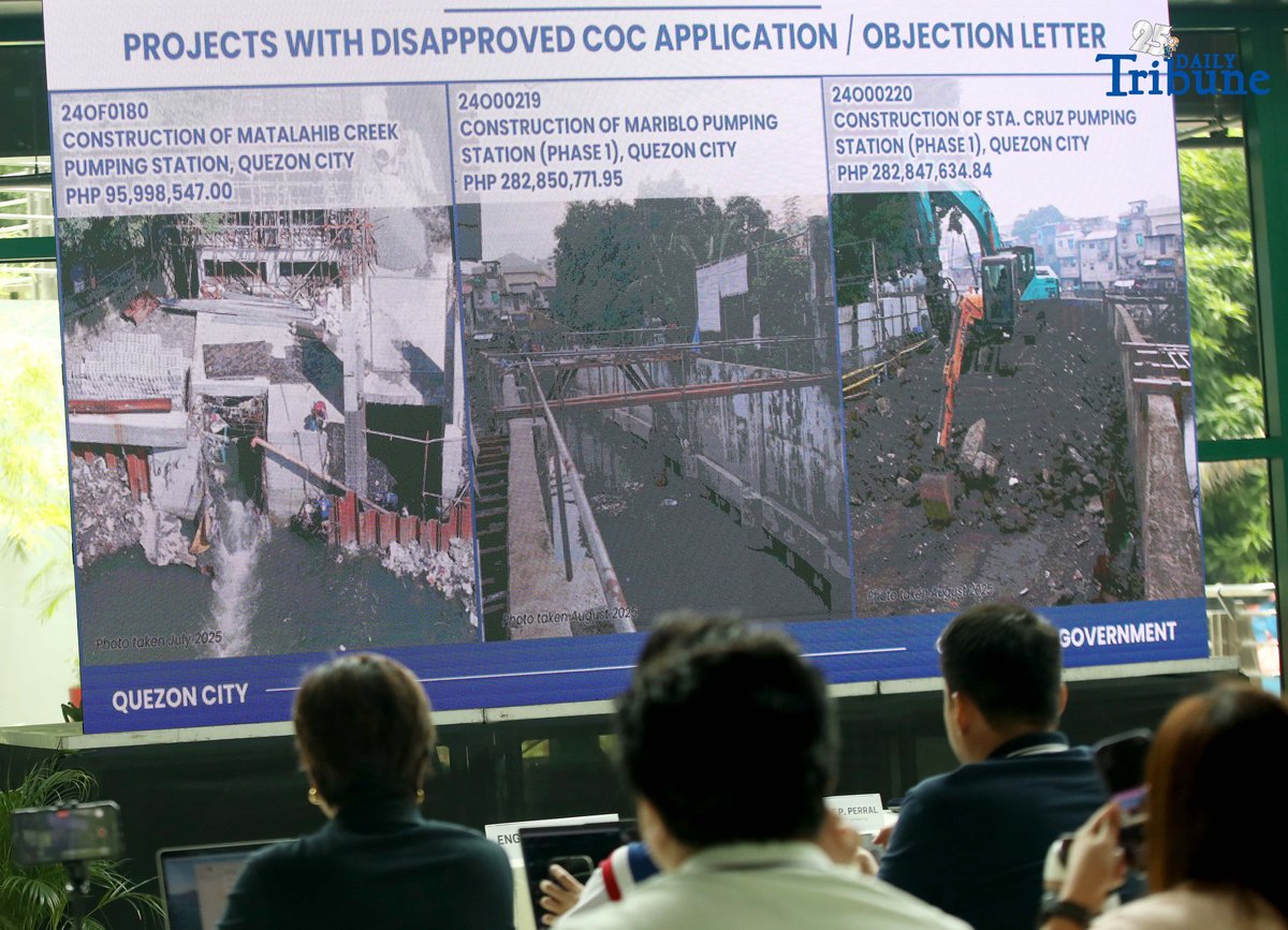 Quezon City Mayor Joy Belmonte holds a press conference at the MICE Center in Quezon City Hall to give updates on DPWH flood-control projects. City Engineer Atty. Dale Perral said their review showed 331 projects — not 254 as earlier counted — were misaligned with the city’s Drainage Master Plan, wasting P17 billion in taxpayers’ money.