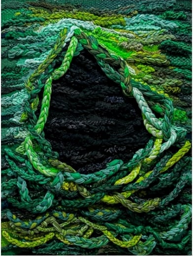 ‘VOID OF THE VERDANT — REALM (42),’ fabric and fiber on textile, 48” x 36”, 2025.