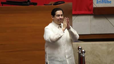 Speaker Martin Romualdez bids farewell before his fellow lawmakers at the House of Representatives in Quezon City on Wednesday, 17 September 2025, after he stepped down as Speaker.