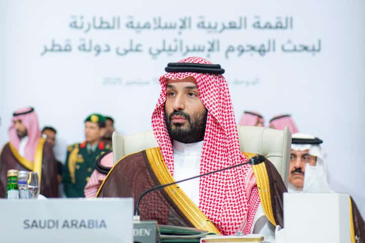 This handout picture released by the official Saudi Press Agency (SPA) shows Saudi Arabia's Crown Prince Mohammed bin Salman attending the 2025 Arab-Islamic emergency summit in Doha on September 15, 2025. The September 15 summit in Doha between Arab and Muslim leaders will consider "a draft resolution on the Israeli attack on the State of Qatar" and to show solidarity with the Gulf state.
