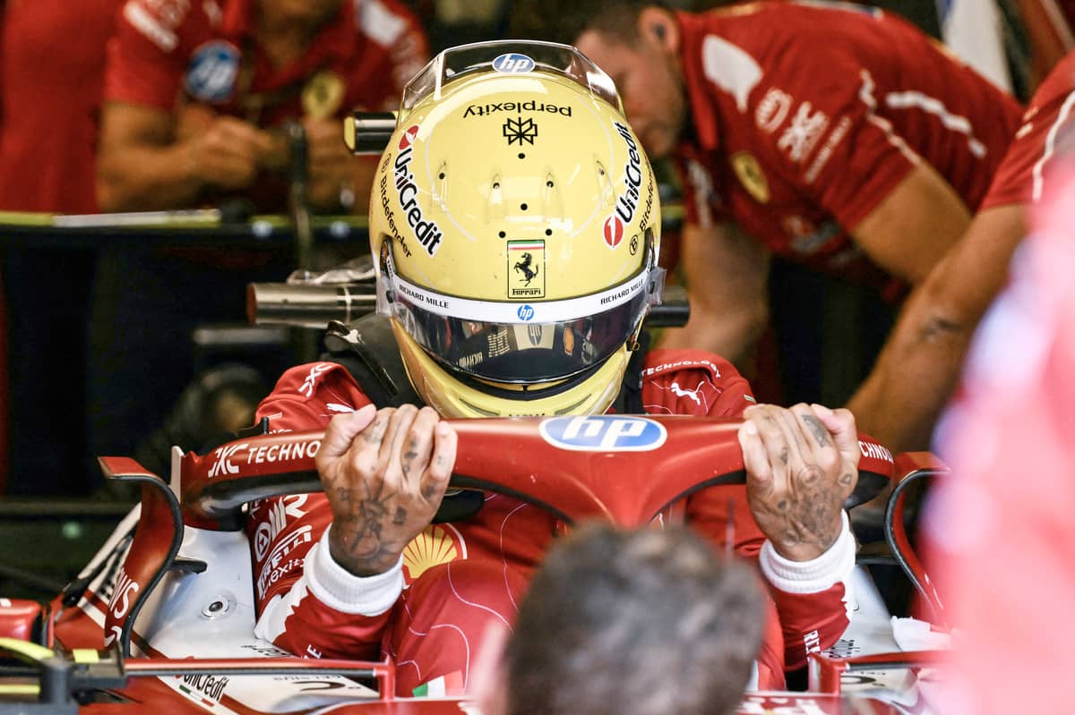FERRARI’s driver Lewis Hamilton prepares to take part in the first practice at the Autodromo Nazionale Monza circuit.