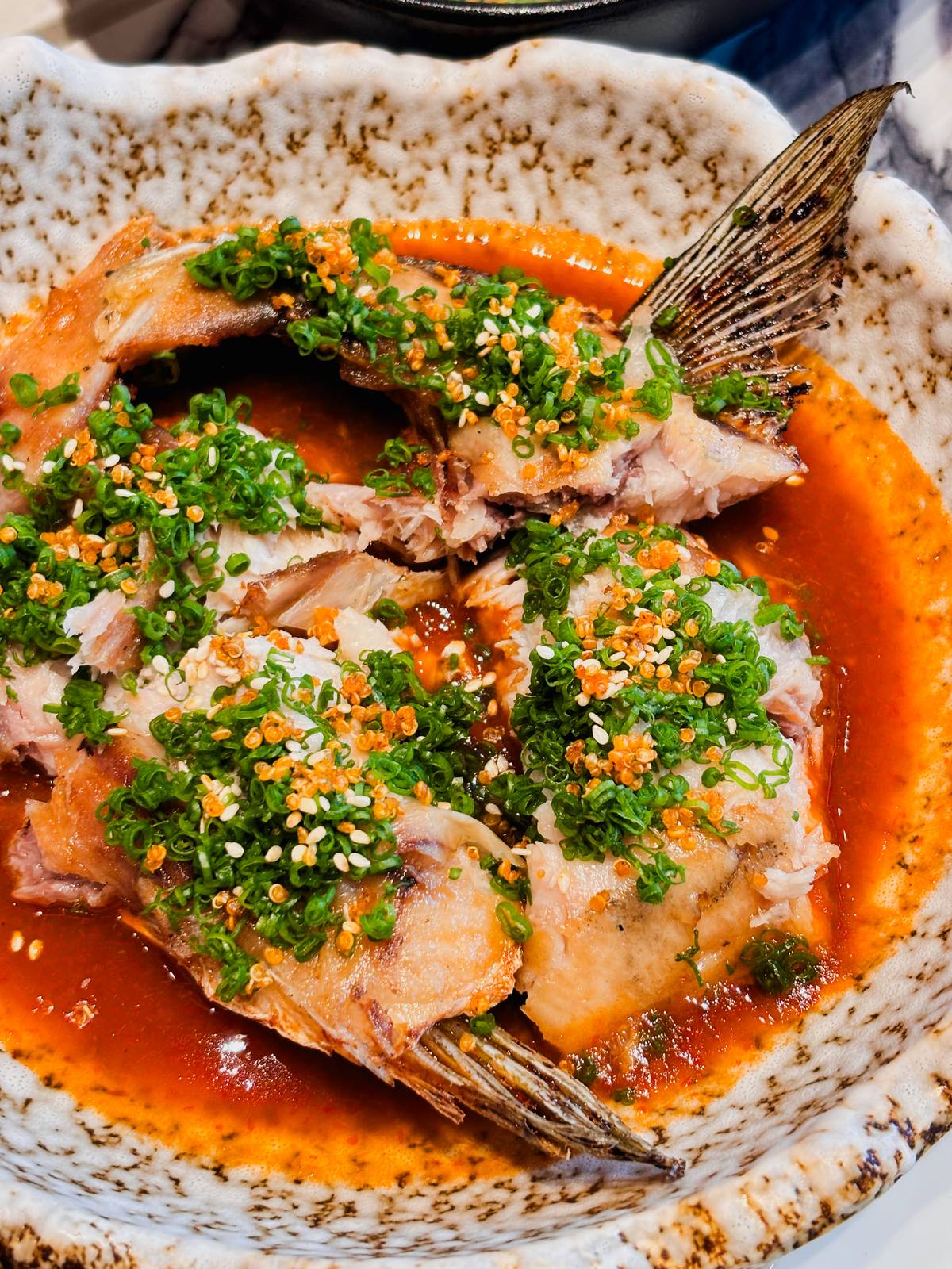 Hamachi kama, deep-fried, grill-smoked, oven-finished, yuzu kabayaki glaze, sanbaizu.