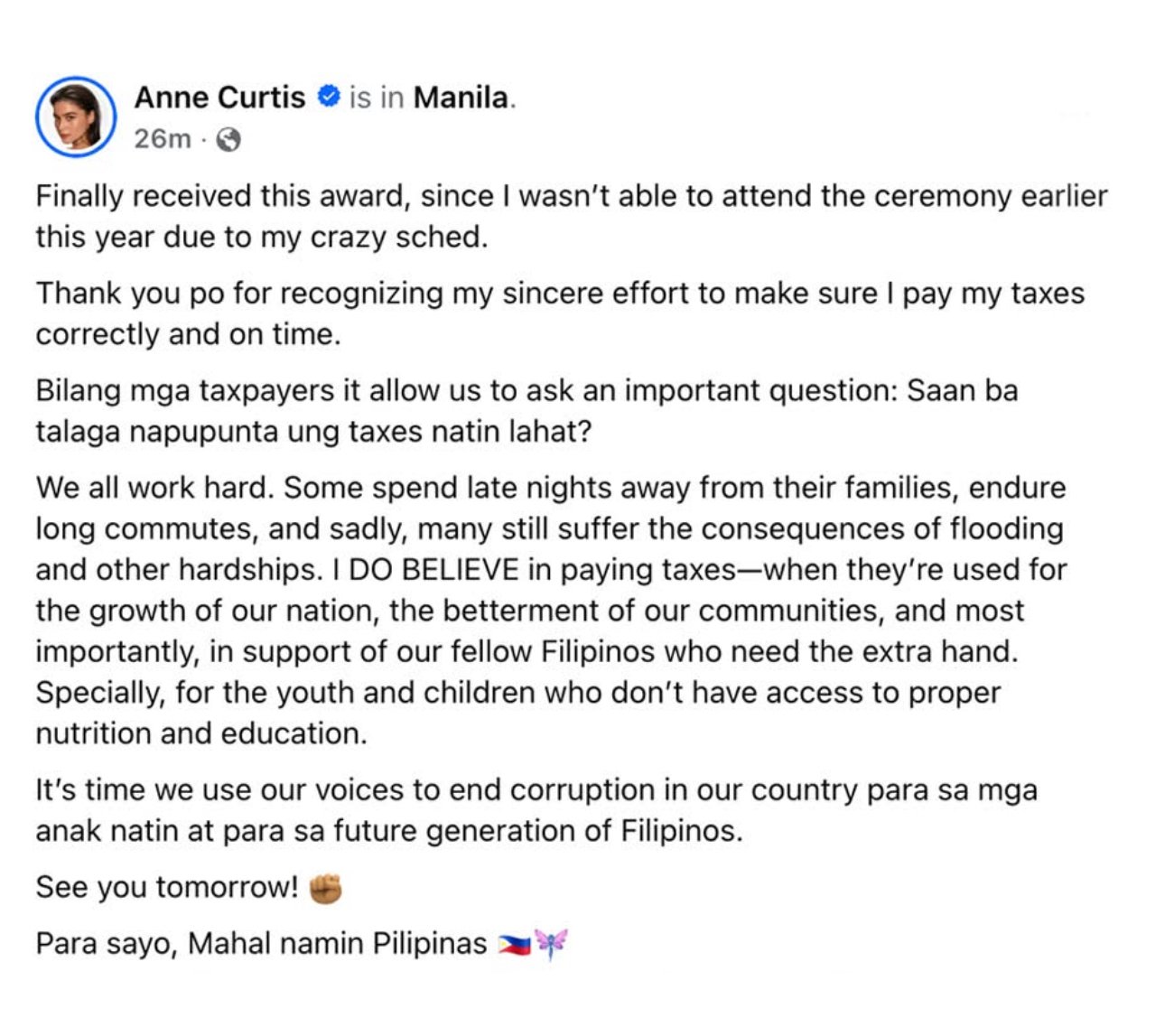 Anne Curtis FB post