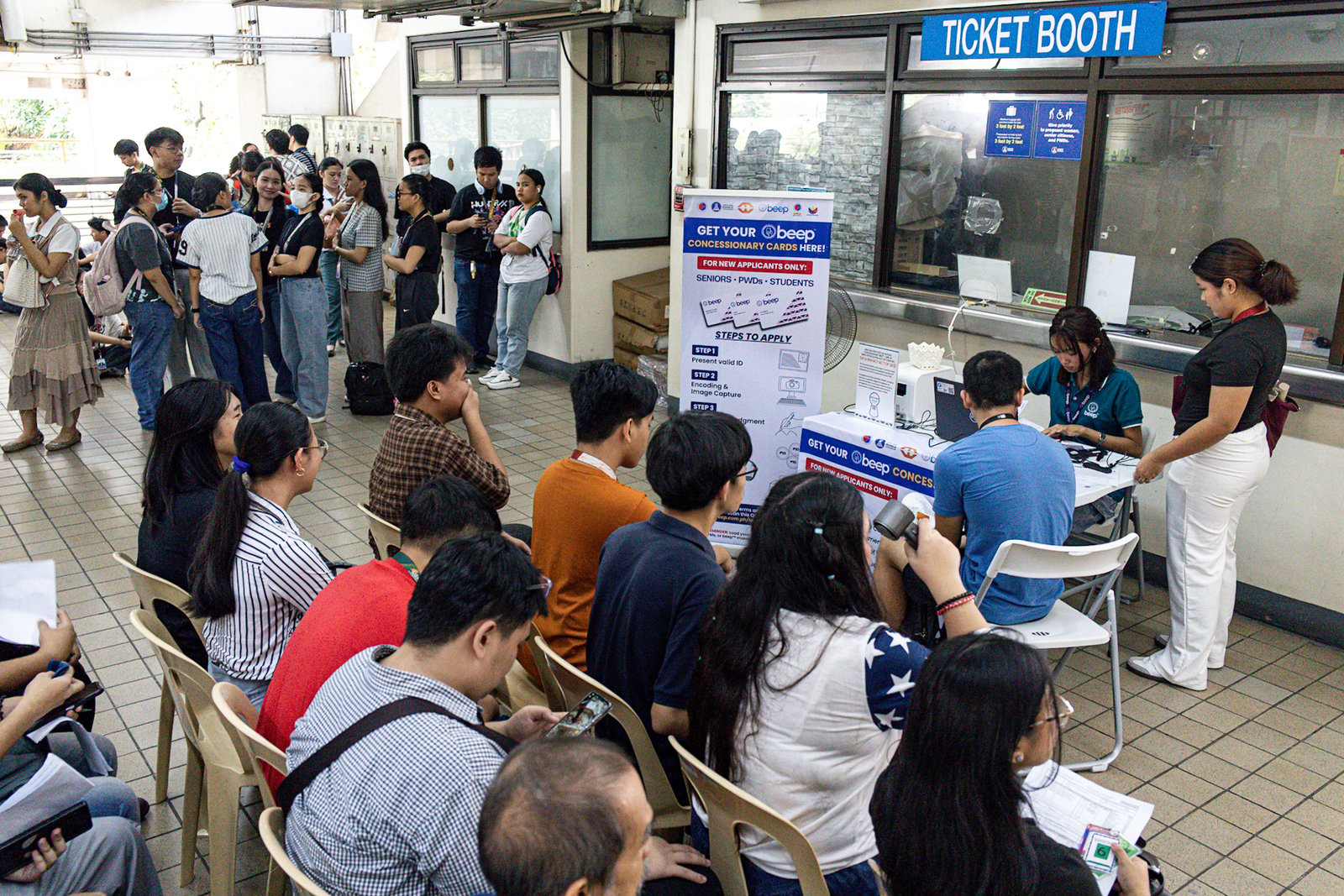Students line up to avail concessionary white beep cards at the LRT-1 Central Station in Manila on Saturday, September 20, 2025.

Commuters with white beep cards are entitled to a 50 percent fare discount on the LRT-1, LRT-2, and MRT-3 train lines. Students who wish to avail themselves of this discount must present their school ID and pay a one-time fee of 30 pesos.