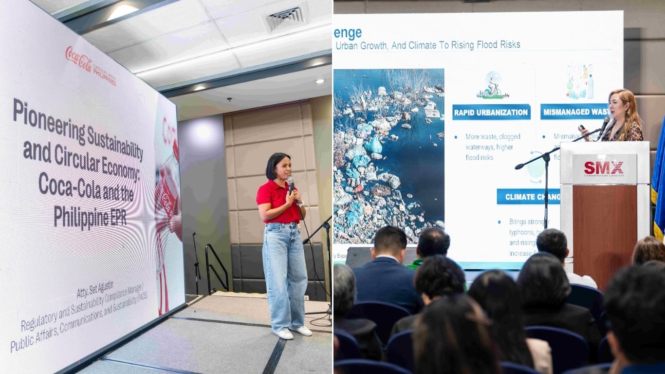 SM GUUN circularity partners in action Atty. Chrissete Agustin, head for Regulatory and Sustainability Compliance of Coca-Cola Beverages Philippines (left) and Anna Dia Cruz, commercial manager — VIsMin for Geocycle Unit of Holcim Cement (right), in a lively discussion on waste and the Philippine EPR at the 2025 SUSTEX.