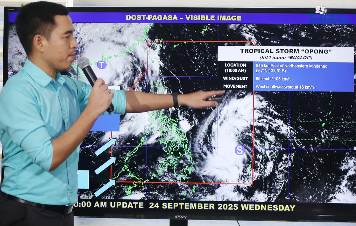(September 24 2025) On Wednesday September 24 2025, Pagasa Meteorologist Benison Estareja give an update of Tropical Storm Opong which is further intensifies while moving west southwestward over the Philippine sea, the center of TS Opong was estimated based on all available data at 815 km East of Northeastern Mindanao, packing winds of 85 kilometers per hour and up to 105 kph gusts, Opong and the enhanced southwest monsoon will bring significant rainfall over Central and Southern Luzon, Visayas, and parts of Ilocos Region and Cagayan Valley from Thursday afternoon to Saturday afternoon. Photo/Analy Labor