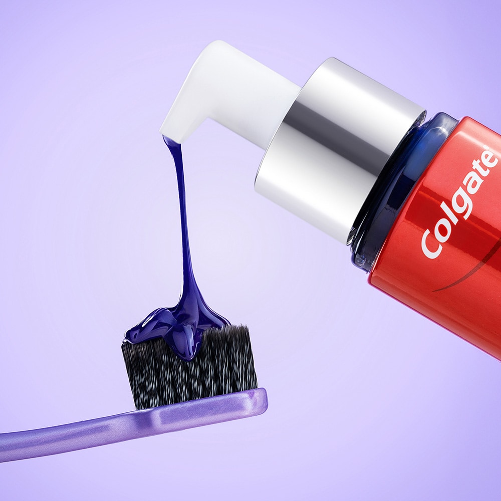 For oral beauty, purple color-corrects yellow tones to appear white.