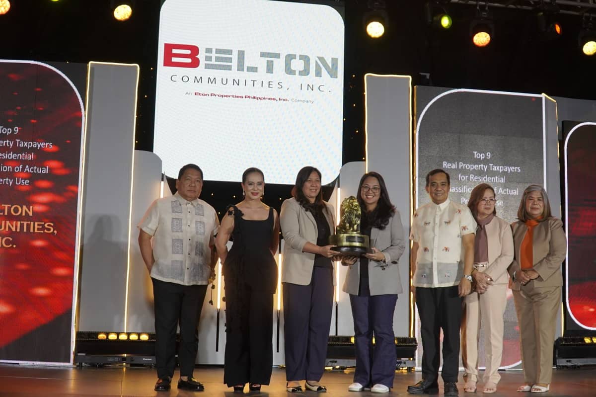 Award for BCI:
Receiving the recognition for BCI were Ma. Sherina Paula B. Ramirez, Senior Business Development and Project Development Manager, and Jude Sulit, Marketing Manager of Eton Properties. They were joined on stage by Sta. Rosa officials (from left to right) Congressman Roy Gonzales, Mayor Arlene B. Arcillas, Vice Mayor Arnold B. Arcilla, City Treasurer Analita Constantino, and City Assessor Cecilia Gabayan