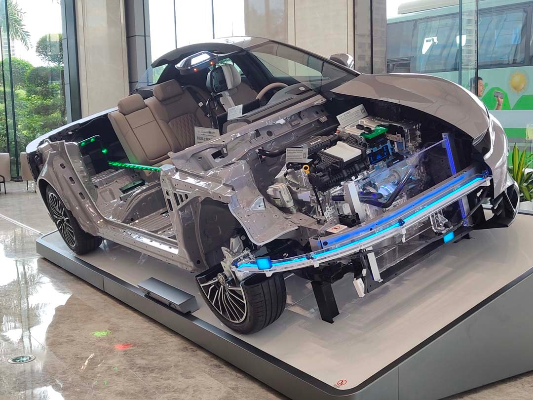 A DISPLAY model highlights BYD’s focus on technology beneath the surface of its vehicles.