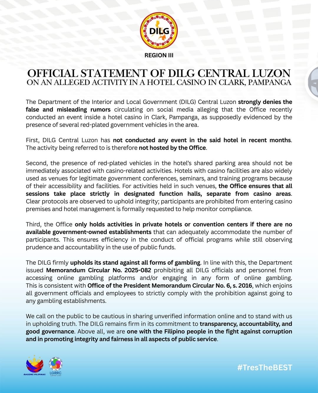 DILG Central Luzon denies holding event at Clark casino hotel