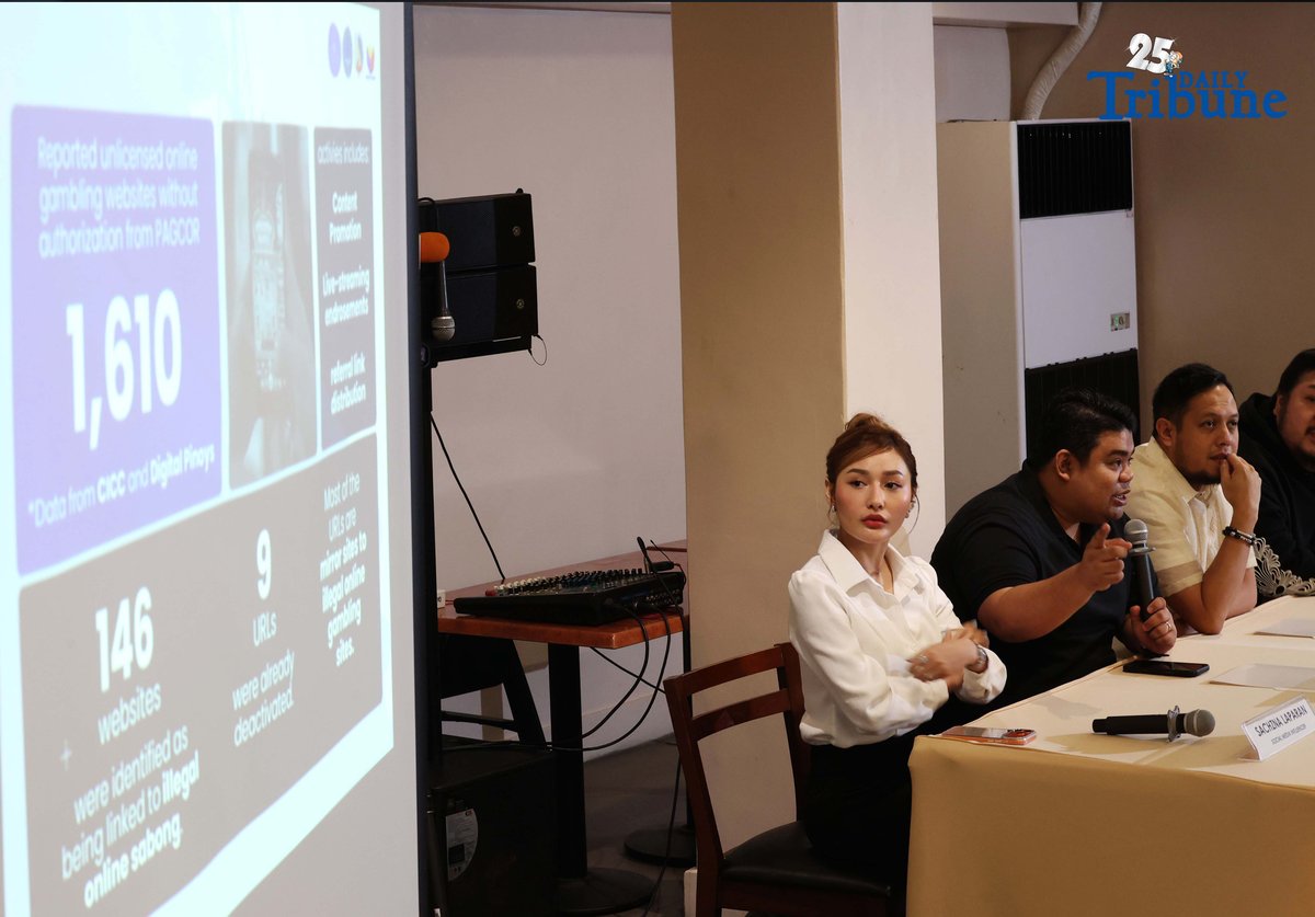 Cybercrime Investigation and Coordinating Center (CICC) chief Undersecretary Renato Paraiso and Digital Pinoys national campaigner Ronald Gustilo, with social media influencers Sachzna Laparan and Bigboy Cheng, urge other influencers promoting illegal online gambling to stop or face takedown and estafa charges during a press conference in Quezon City. They also presented a new list of online personalities endorsing gambling platforms recommended for deplatforming.